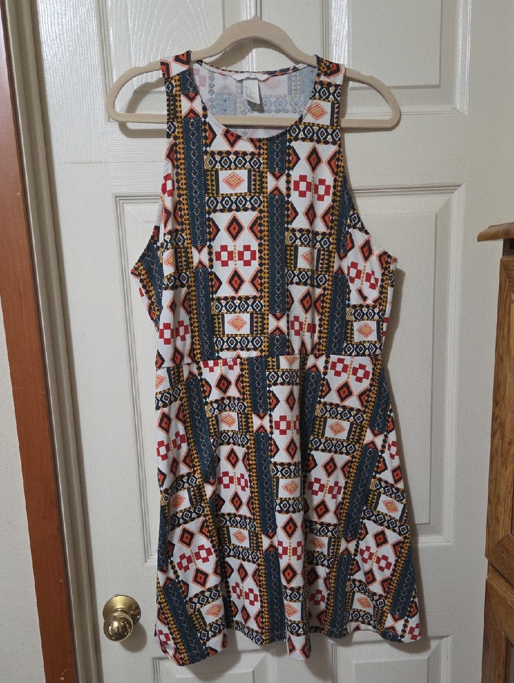 H&M Multicolor Geometric Sleeveless Dress - White, Navy & Rust